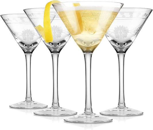 Royalrose Premium Delight Vintage Cocktail Glasses Set of 4, 9.6 oz – Hand-Blown with Etched Long Stem, Classic Glassware for Weddings, Dinners, and Holiday Gifting (Martini Glasses)