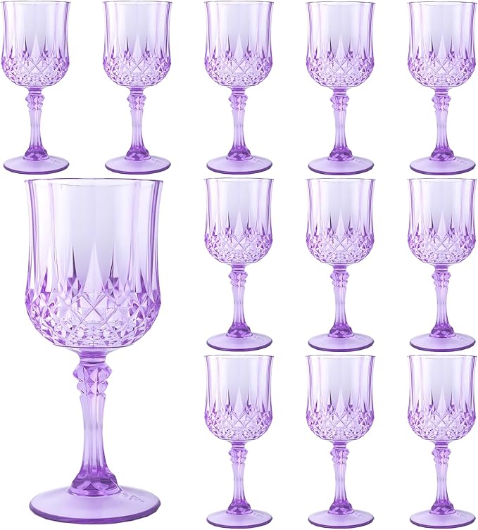 Plastic Wine Glasses,Plastic Goblets Vintage Style Cordial Drinking Glasses for Wedding Reception, Grand Event Party Supplies (12, Purple)