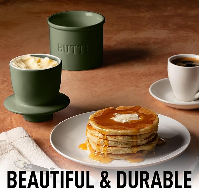 Zulay Kitchen Porcelain Butter Crock With Lid & Knife - Authentic French Butter Dish For Fresh & Spreadable Butter - Jade Green