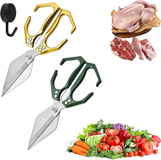 Seattleget Multifunctional Heavy-Duty Kitchen Shears, High-Carbon Steel 9.25" Multipurpose Kitchen Scissors for Chicken, Meat & Veggies, Ergonomic Non-Slip Handle, Built-in Nut Cracker (Yellow+Green)