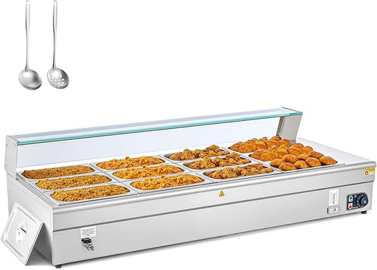 WILPREP Commercial Food Warmer with Twelve 1/3 Pans, Electric Warmer for Food with Sneeze Guards Adjustable Temp. & Auto Shutoff, Stainless Steel Food Heating Unit for Buffet Food Truck Hotel Catering