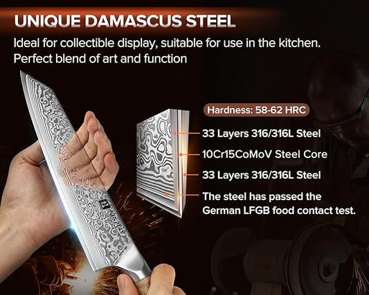 XINZUO Damascus 8.3 Inch Kiritsuke Chef Knife,Hand Forged High Carbon Steel Sharp Kitchen Cutting Knife,Comfortable Ergonomic Full Tang Figured Sycamore Wood Handle