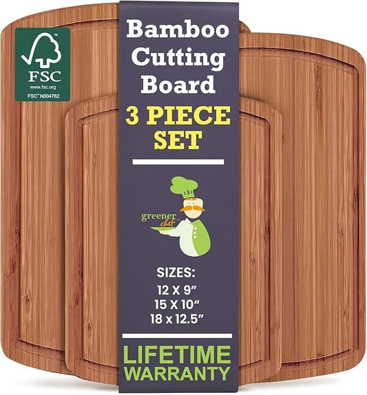 Bamboo Wooden Cutting Board Set of 3 - Used to Chop Veggies, Carve Meat, Present Charcuterie at Mealtime Prep and Family Gatherings - Ideal for Professional and Busy Home Chefs - Dark