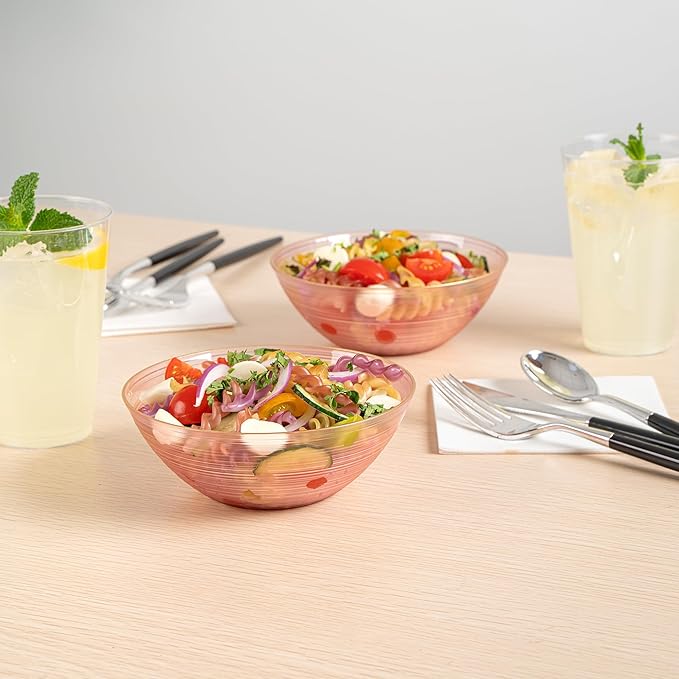 Restaurantware Plastic Bowls 20 Pcs 16 oz Gold Rimmed Disposable Soup Bowls Heavy-Duty Pink Translucent Rippled Dinnerware Containers for Party, Desserts, Salads, Snacks, and Catering