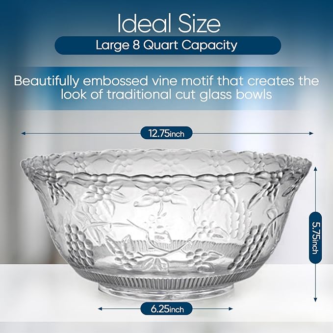 Premium Large Clear Punch Bowl Plastic Lightweight 2 Gallon with Clear Plastic Serving Ladle 5 oz Embroidered Design 8 Quart Serving Bowl