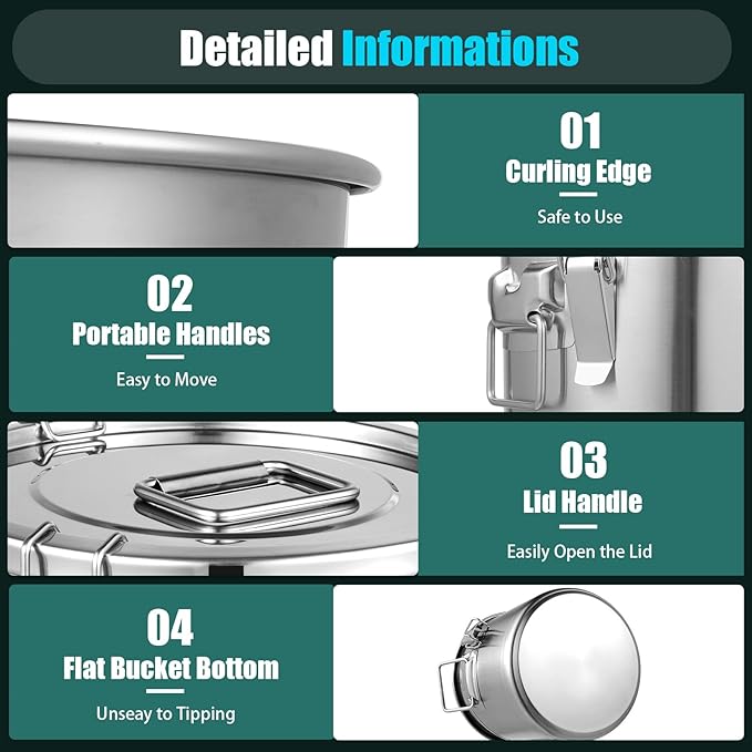Stainless Steel Airtight Canister for Kitchen, 12L/3.17Gal Metal Food Storage Container Flour Bucket with Lid & Clamps, Bean Rice Cereal Canister Holder for Kitchen Restaurant, D11*H9.85in