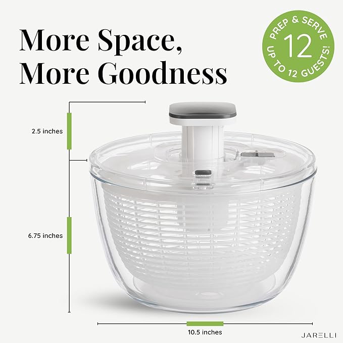 Glass Salad Spinner 6.3QT with Storage Lid | One Handed Press Lettuce Spinner | Salad Spinner for Washing, Spinning, and Draining Greens, Fruits, and Vegetables