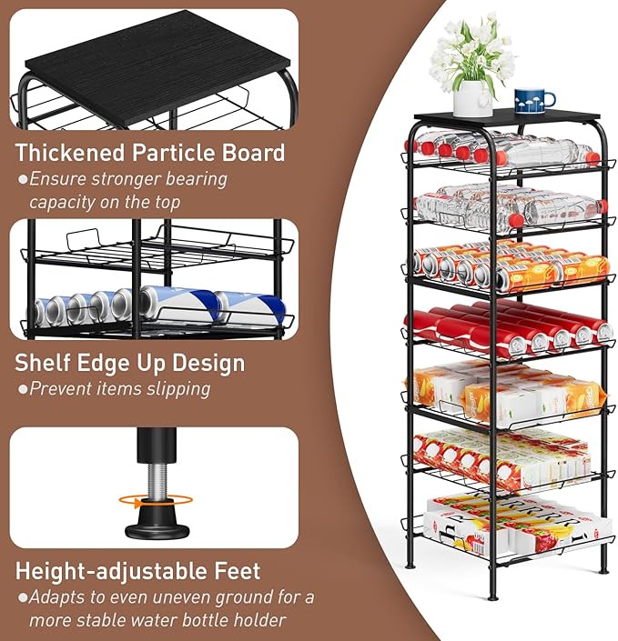 Vrisa Water Bottle Organizer 7 Tier Free Standing Water Bottle Holder Stand with Storage Shelves Beverage Drink Soda Can Rack Dispenser Metal Storage Shelf for Kitchen Pantry Party Office, Black