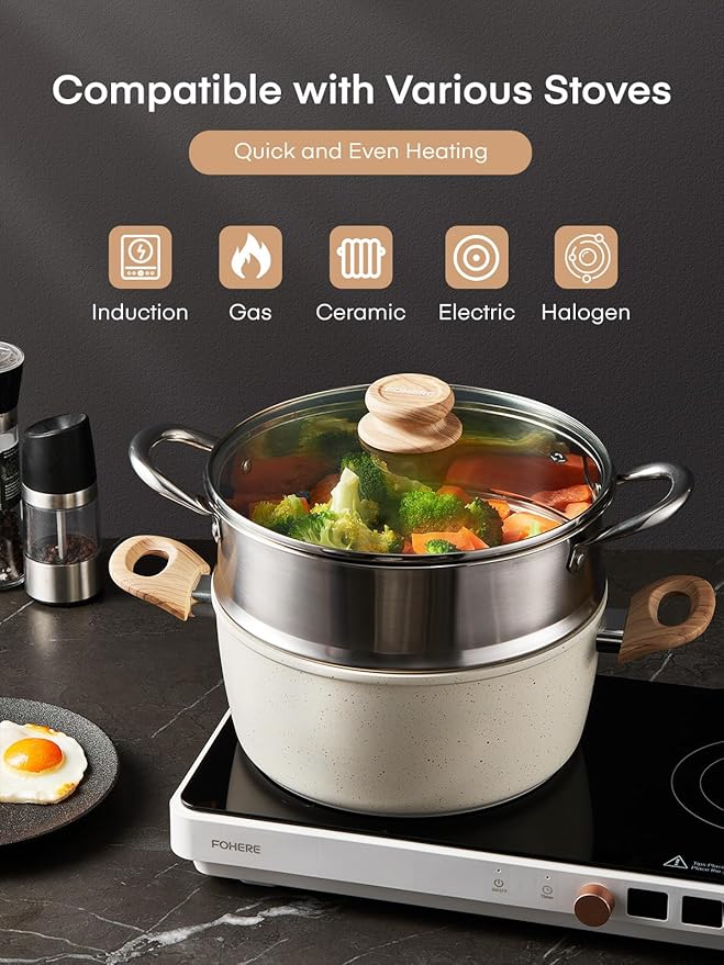 FOHERE Pots and Pans Set with Lids 15 PCS, Aluminum Nonstick Induction Cookware Sets, with Frying Pans, Saucepans, Stock Pot, Pizza Pan, Griddle Pan, and Food Steamer, Silicone Food Strainer, White
