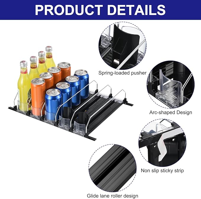 uxcell 3pcs Soda Can Organizer for Refrigerator, Self-Pushing Drink Organizer for Fridge, Width Adjustable Drink Dispenser Beverage Pusher For Pantry Vending Machine, Black