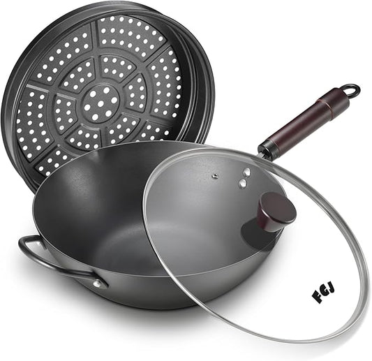 Wok, 13 Inch carbon steel woks with steamer & stir-fry pans nonstick, Pre-Seasoned 5.8QT Flat Bottom Chinese Wok Pan with lid, Carbon Steel Cookware, Compatible with All Cooktops
