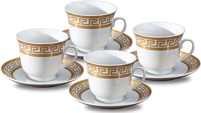 Porcelain Tea Set 8 Piece - White with Gold Greek Key Design - 5.5 Inch Saucers, 6.5 oz Cups - Perfect for Parties, Cappuccino, Black Tea, Vintage Home Decor (Meander Gold 3008, 8 Piece)