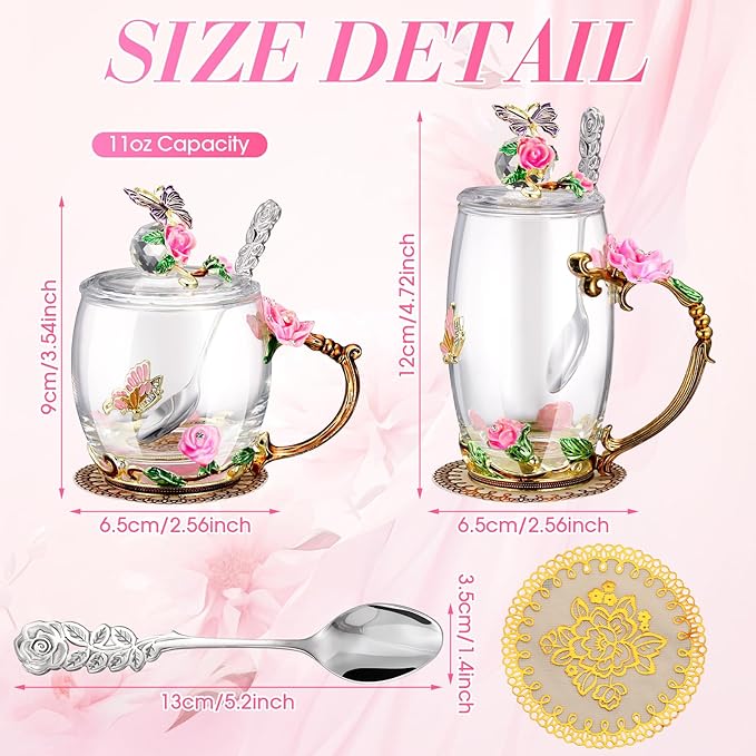 Nuanchu 4 Sets Flower Glass Tea Cups with Lids and Spoon Butterfly Vintage Glass Coffee Mugs Floral Fancy Clear Teacup for Christmas Women Mom Wife Girlfriend(Pink,11 Oz,12 oz)