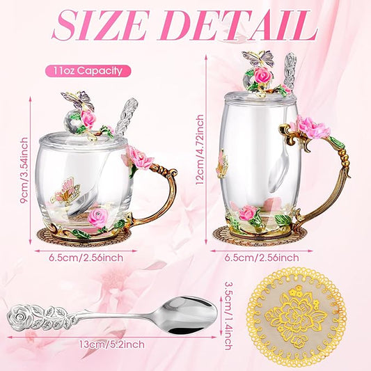 Nuanchu 4 Sets Flower Glass Tea Cups with Lids and Spoon Butterfly Vintage Glass Coffee Mugs Floral Fancy Clear Teacup for Christmas Women Mom Wife Girlfriend(Pink,11 Oz,12 oz)