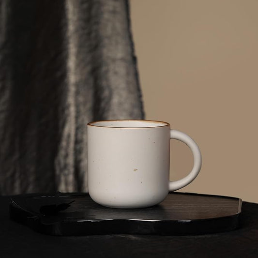 Stoneware White Coffee Mug, 12oz, Speckled Design, Rustic Brown Rim, Handmade