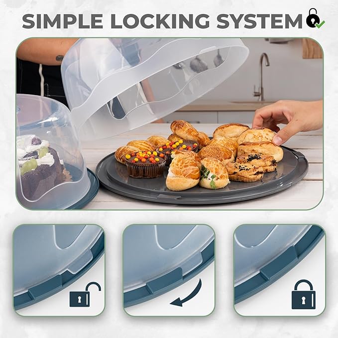 13 Inch Cake Carrier with Locking Lid and Handle, Stylish Big Round Container for Kitchen Storage, BPA Free Stand, Plastic Holder for Transporting, Donuts, Cupcakes, Pies (Navy Blue, Set of 1)