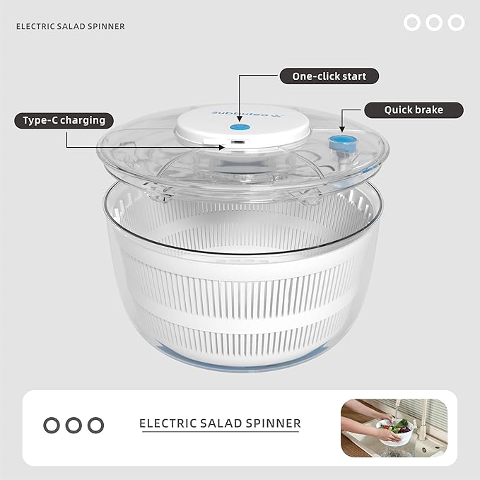 Electric Round Salad Spinner 4Qt – Hands-Free Drying with Large Capacity, Stable Balanced Spinning for Crisp Greens
