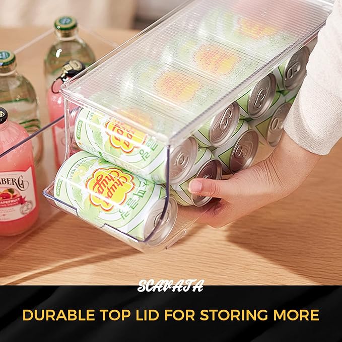 Soda Can Organizer for Refrigerator, Stackable Canned Food Pop Cans Container Can Holder Dispenser with Lid for Fridge Rack Freezer, Clear Storage Bins-Holds 12 Cans Each (One)