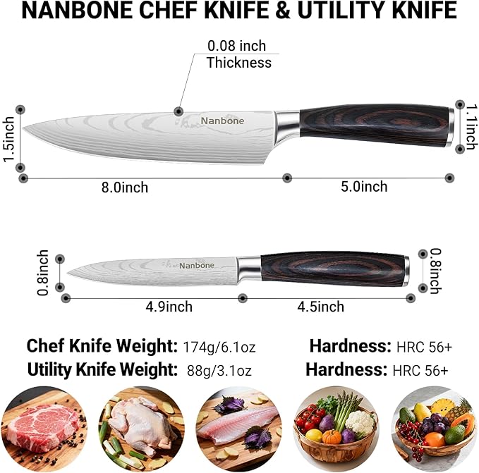 2 Pcs Kitchen Knife Set 8 Inch Chef Knife Paring Kitchen Utility Knife 5 Inch, Asian Chefs Knife for Home and Kitchen with Ergonomic Handle High Carbon Stainless Steel knife Chef Cooking Gift