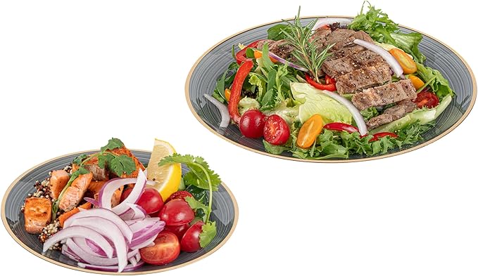 Restaurantware Plastic Plates 200 Pcs 7.13" and 10" Combo Gold Rimmed Plate Set Disposable Heavy-Duty Black Translucent Rippled Plastic Dinner Servers for Party, Weddings, Salads, Desserts