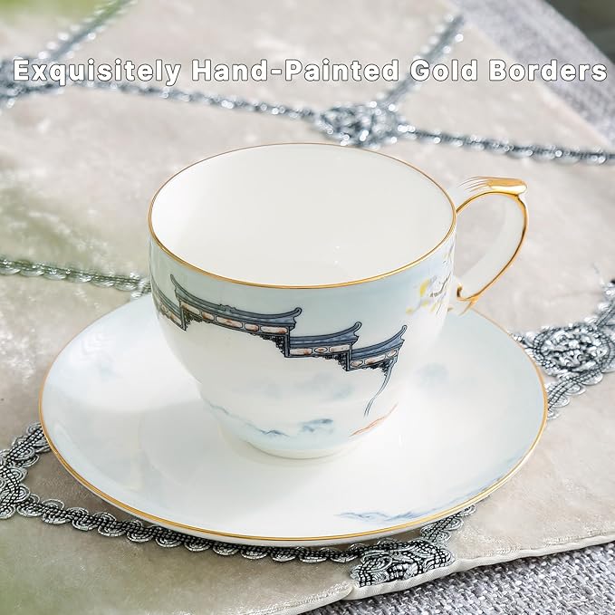 Vintage Tea Cup and Saucer Set, Bone China Cup with Gold Trim, Ceramic Coffee Cup with Saucer and Spoon, Dishwasher Safe, Food Grade Chinese Style Cup for Tea Party, Gifts Giving, 6.8 oz