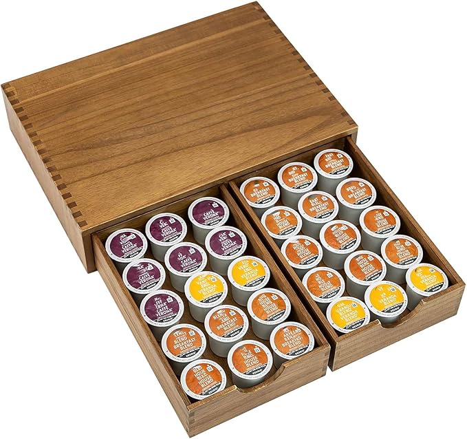 Wooden K Cup Organizer Coffee Pod Storage Box, Coffee Pods and Tea Organizer Holder, K Pod Drawer Coffee Maker Machine Stand, Organizador De Cafe, Kcup Drawer Organizer Under Brewer, 30 Pod Capacity