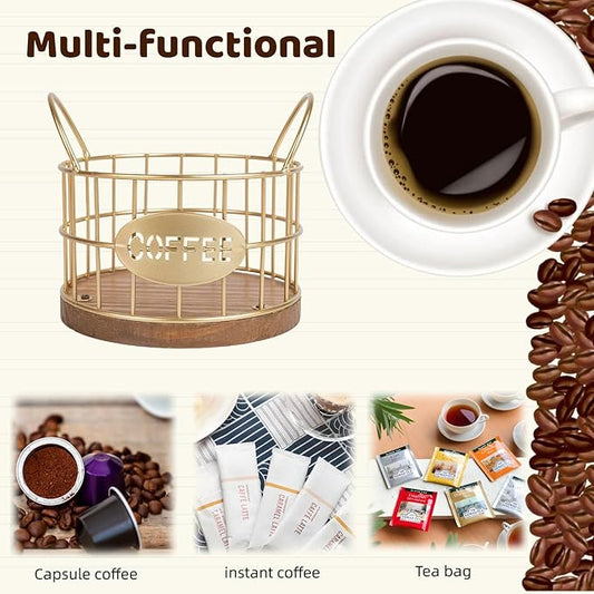 Coffee Pod Holder for Counter, K Cup Holders Coffee Pods Storage Organizer,Coffee Bar Basket with Wooden Base for Kitchen Office Desktop (Gold)