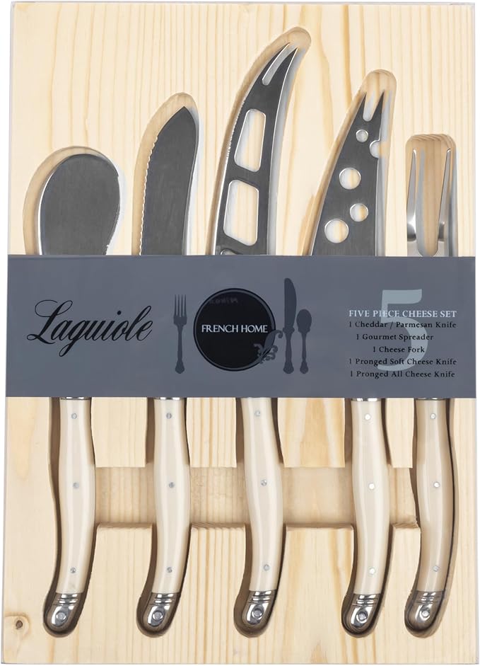 French Home 5-Piece Artisan Cheese Knife Set – Versatile Cheese Knives Set with Three-Rivet Ivory-Colored Handles & Iconic Bee Emblem – Sophisticated Charcuterie Board Accessories