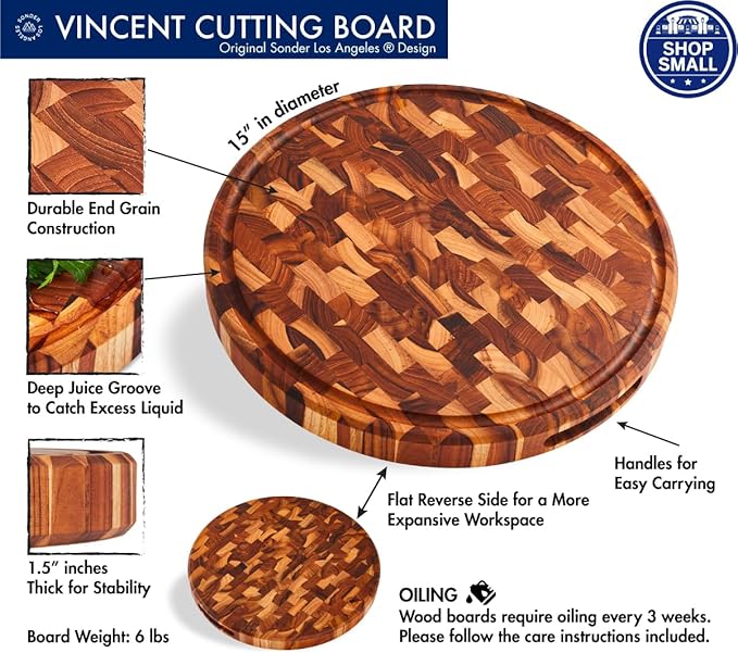Sonder LA, End Grain Teak Wood Cutting Board 15" Round 1.5" Thick with Juice Groove and Built-in Handles, Charcuterie Serving Board (Gift Box Included)