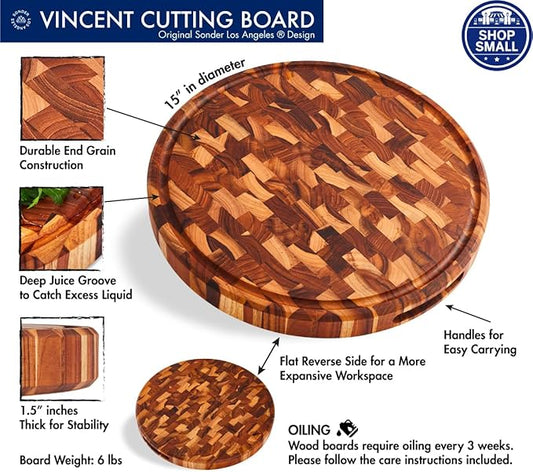 Sonder LA, End Grain Teak Wood Cutting Board 15" Round 1.5" Thick with Juice Groove and Built-in Handles, Charcuterie Serving Board (Gift Box Included)
