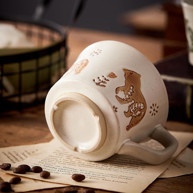 12oz Vintage Ceramic Coffee Mug Set of 4 - Handmade Stoneware Pottery Countryside Farmhouse Fall Autumn Tea Mugs with Big Handle for Latte,Cocoa,Dishwasher & Microwave Safe Cups (Animals)