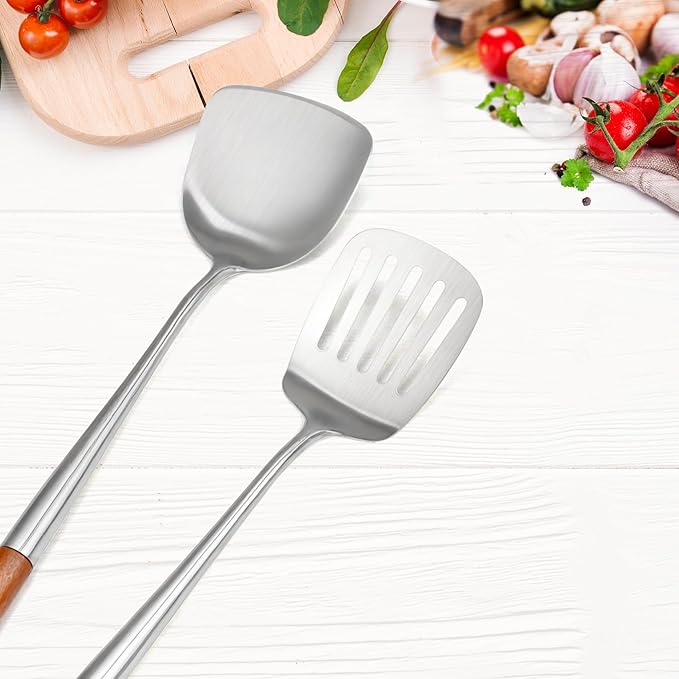 304 Stainless Steel Cooking Utensils Set with Wooden Handle, 2 PCS Metal Wok Spatula for Kitchen Use