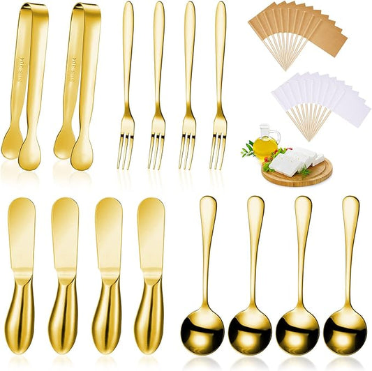 14 Pieces Charcuterie Board Accessories Cheese Spreader Knives Set Stainless Steel Charcuterie Utensils Spreader Knives Mini Serving Tongs Spoons and Forks for Cheese and Pastry Making (Gold)