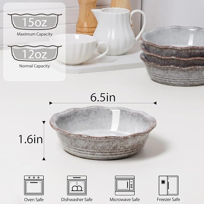 NUTRIUPS Small Pie Pans Set of 4, 6.5 Inch Ceramic Mini Pot Pie Baking Dishes, Oven Safe (6.5in, Grey, 4PCS)