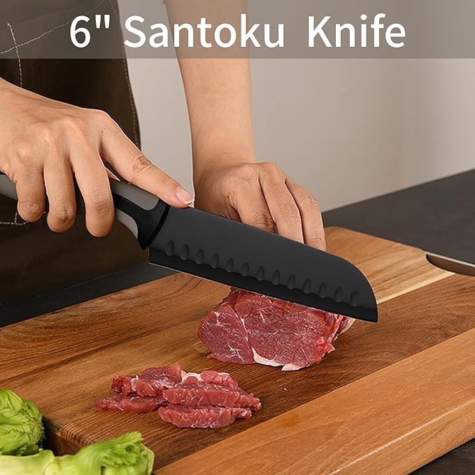 Kitchen Knife, 3-Pcs Black Knives Set with Multifunctional Kitchen Scissors, 6'' Santoku and 4'' Paring Knife for Chef Paring Cutting Slicing Dishwasher Safe (Anti-Slip Handle)
