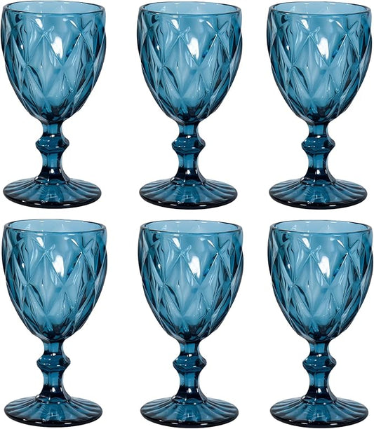 Vintage Wine Glasses Set of 6, 12 OZ Colored Glass Water Goblets, Embossed Floral Decorative Crystal Glass Cups Set, Dishwasher Safe, for Wedding, Party, Red Wine Glass, Bars, Restaurants