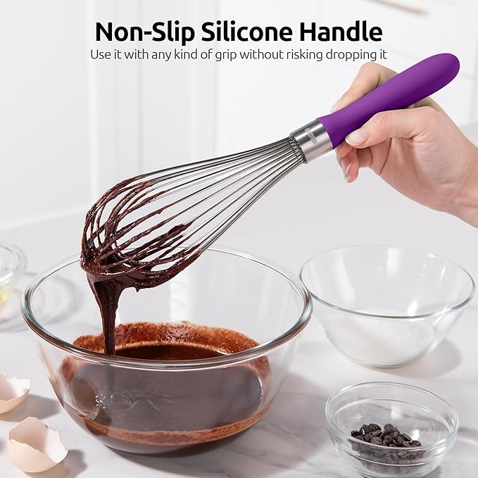 U-Taste Balloon Whisk for Cooking: 18/10 Stainless Steel Kitchen Wire Whisk, 12in Large Heavy Duty Egg Beater, Manual Mixing Tool with 12 High Flex Wires for Stirring, Blending Sauce (Purple)