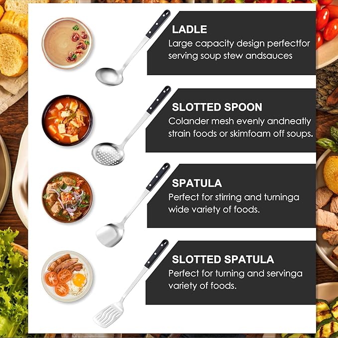 Pleafind 4-Pcs Cooking Utensils Set, Stainless Steel Kitchen Utensils, Mirror Polished Kitchen Essentials Set Include Wok Ladle, Slotted Spoon, Wok Spatula &Slotted Spatula, Dishwasher Safe