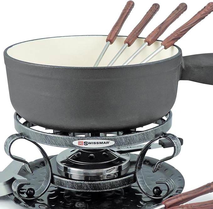 Swissmar Lugano Cast Iron Cheese Fondue Pot Replacement, 2 QT / 2 L – Compatible Lugano Fondue Sets – Ideal for Melting Cheese, Chocolate, & Caramel – Matte Black