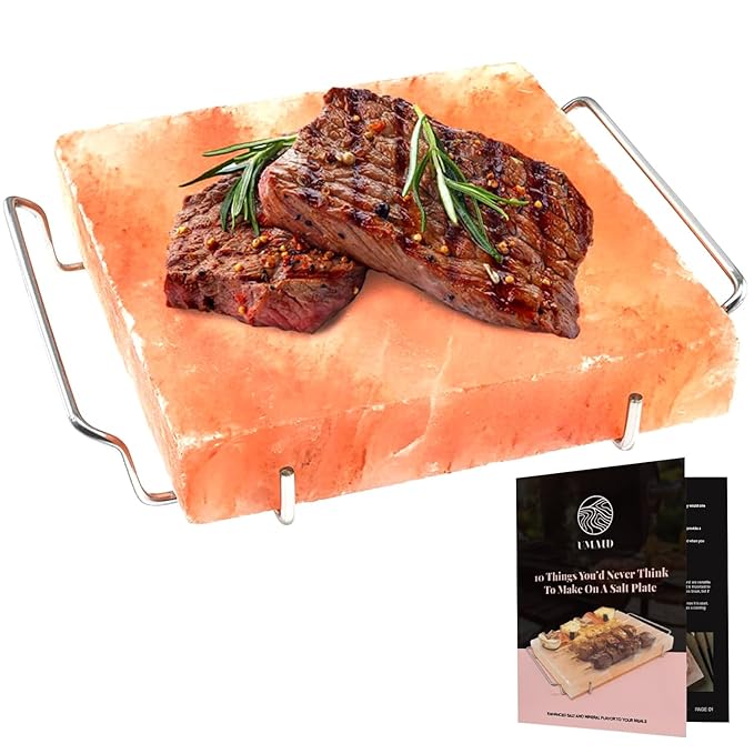 UMAID Himalayan Salt Block For Grilling, Cooking, Cutting and Serving,8X8X1.5 Food Grade Himalayan Pink Salt Stone on Stainless Steel Plate & Recipe Pamphlet, Unique Gifts for Men, Women, Chef, Cooks