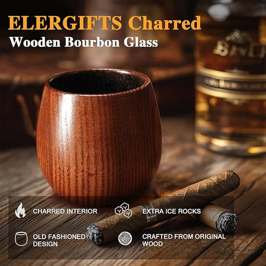 Charred Wooden Bourbon Drinking Glass- Bourbon Gifts for Men, Handcrafted Whiskey Glasses, Wooden Old Fashioned Glass,Unique Whiskey Gifts for Men, Dad, Husband or Bourbon Lovers (2 Pack)