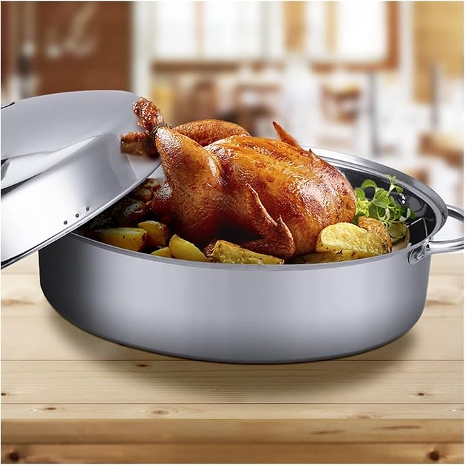 Stainless Steel Oval Roaster Pan with Lid – Oven & Dishwasher Safe Turkey Roasting Pot, Steaming Rack for Chicken, Fish, Lasagna(Large size B)