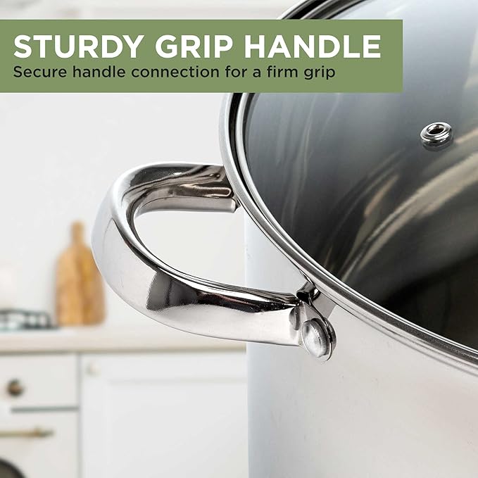 Ecolution Pure Intentions Stock Pot - Features Tempered Glass Lid, Stay-Cool Handles, and Encapsulated Bottom - Oven Safe - Curbside Recyclable Stainless Steel - 12 Quarts