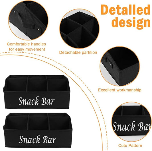 2 Pack Snack Organizer for Countertop With Handles - 6 Compartment Box Basket, Bar Station, Kitchen Cabinet Pantry Storage - Black