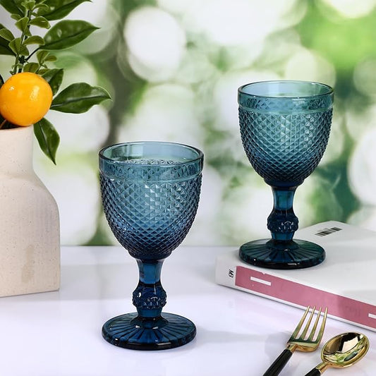 Bokon 6 Pack Blue Glass Goblets Set 10 oz High Clear Wine Glass Vintage Water Goblets Cups Embossed Diamond Design Glassware with Stem for Drinking Juice Liquor Party Wedding Bar