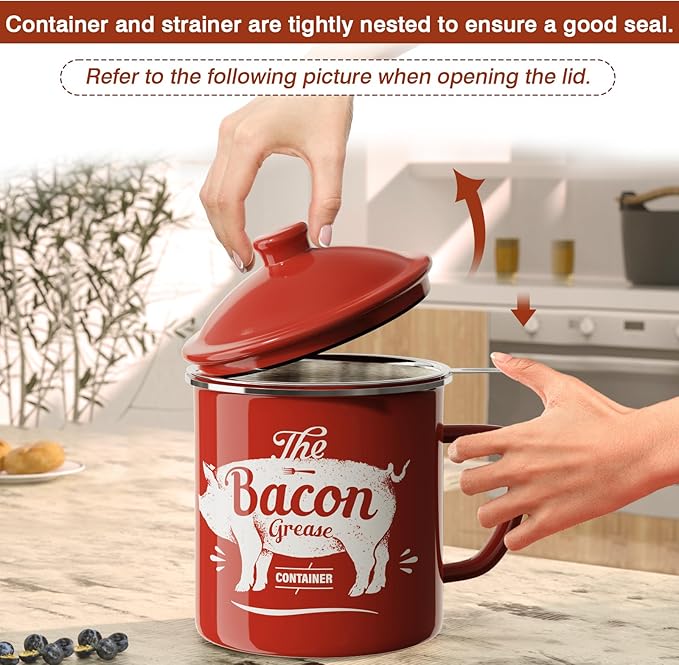 Bacon Grease Container With Strainer, 46OZ Large Enamel Grease Container, With Silicone Spatula, Farmhouse Bacon Grease Keeper, Cooking Oil Container For Kitchen Fat Storage, Dishwasher Safe-Red