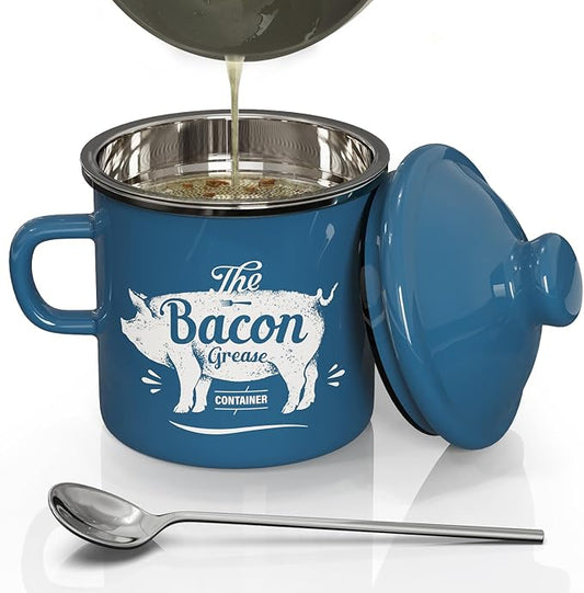 PGYARD Mini Bacon Grease Container With Strainer - 15OZ Enamel Grease Saver, Farmhouse Bacon Grease Keeper For Kitchen Fat Storage, Dishwasher Safe-Blue