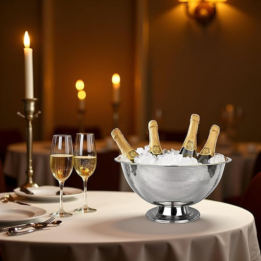 Cruiser’s Caché 16" Footed Champagne Bucket, Beverage Tub, Wine and Champagne Server, Stainless Steel with Hammered Silver Finish
