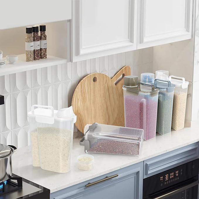 5-7Lbs Dog Cat Food Storage Container with Upgraded Large Nozzle BPA-free, 4 Snap Seals Plastic Pet Food Storage Containers with Handles (1, White, 5L)