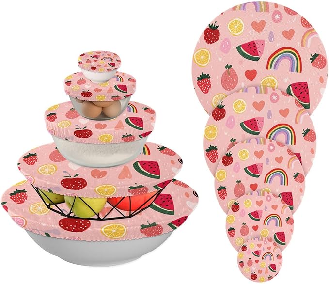 5 Pcs Bowl Covers Reusable in 5 Size Elastic Food Cover Cloth Lids Fresh Keeping Dish Cookware Bakeware Fabric Covers Lids for Food Leftovers Fruits Storage Pink Rainbows and Fruits Slices